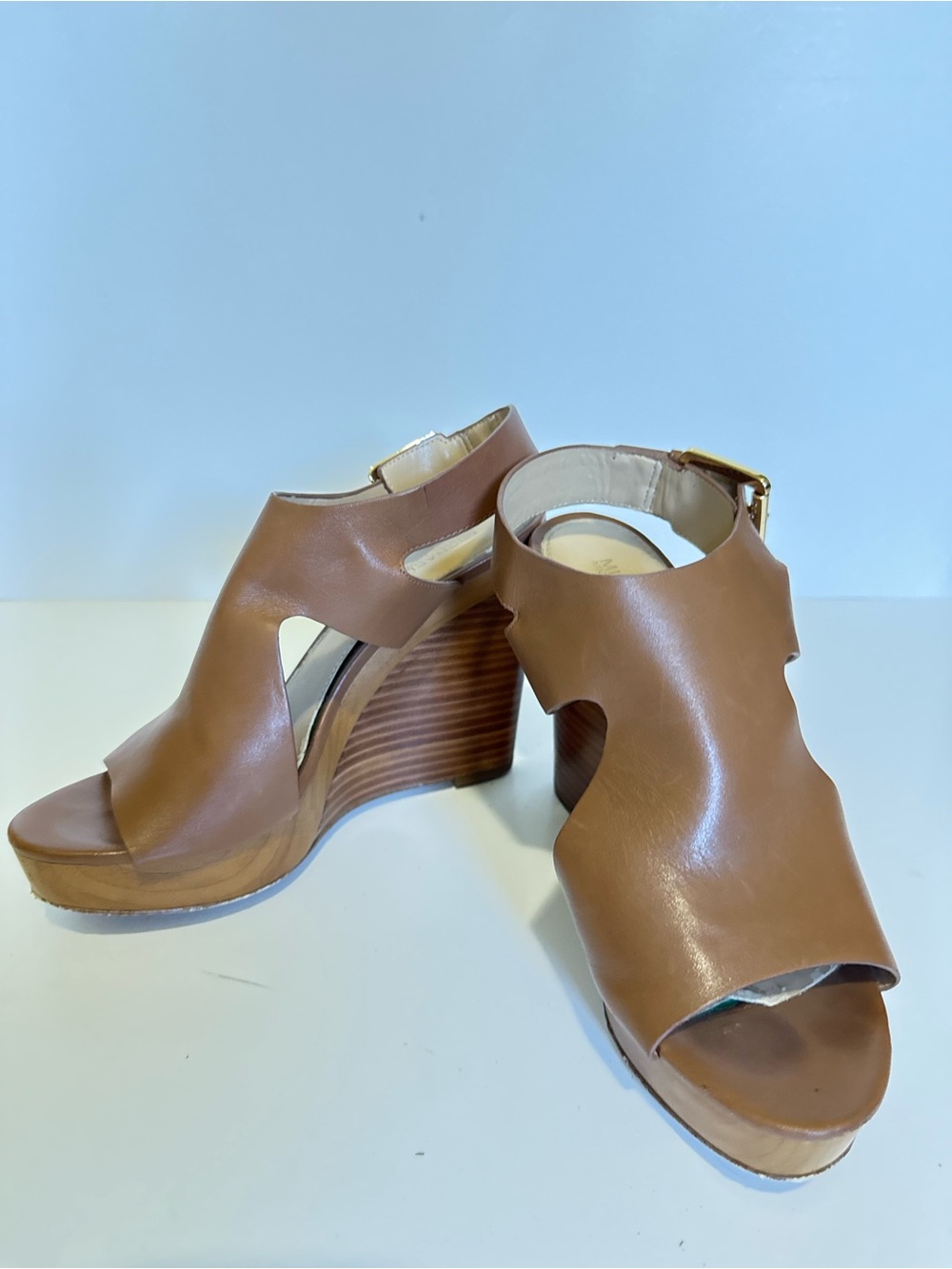 Michael Kors Tan Leather Cutout Wedge Sandals